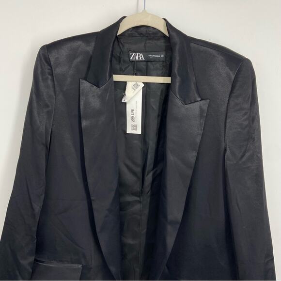 New Zara Black Satin Long Line Blazer With Turn-up Cuffs Size Large - Picture 5 of 16